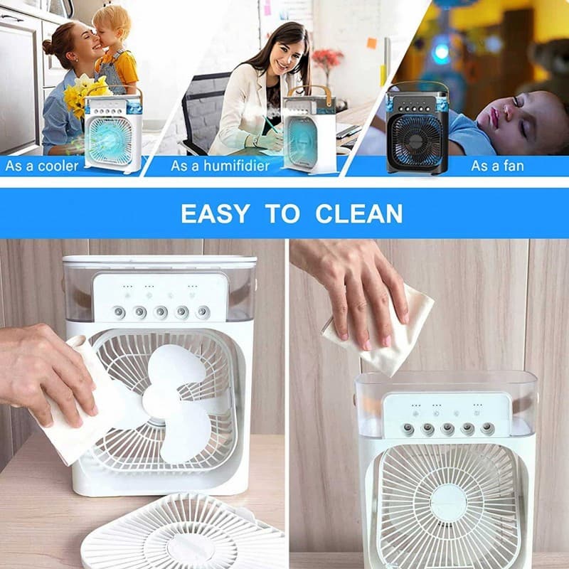 Trending Mini Air Conditioner Fan 3 In 1 | Portable Desk Cooling Fan with Water Spray Humidifier & LED Light | USB Rechargeable Air Cooler for Home & Office