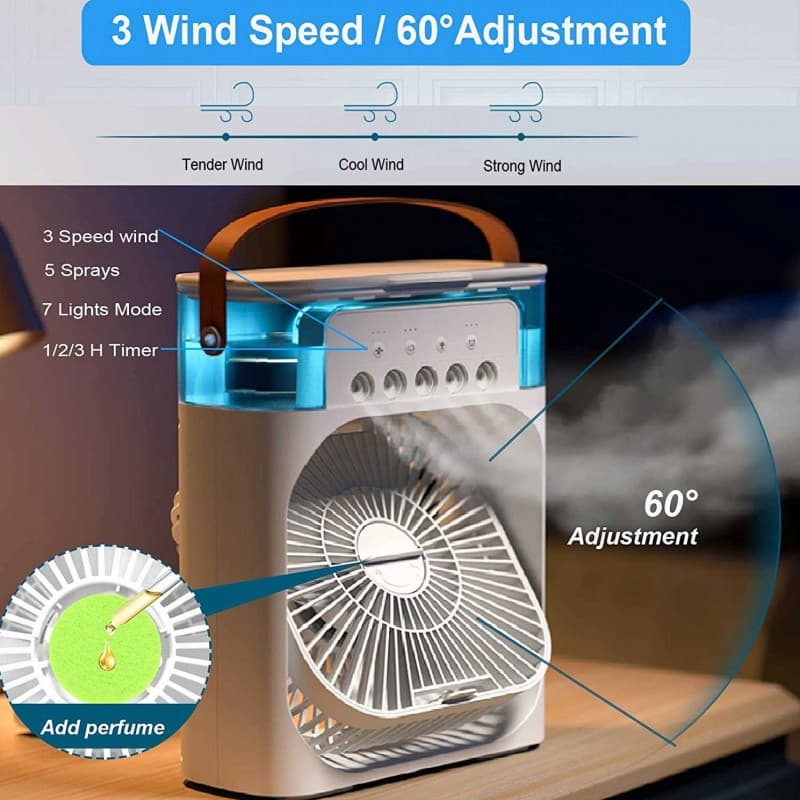 Trending Mini Air Conditioner Fan 3 In 1 | Portable Desk Cooling Fan with Water Spray Humidifier & LED Light | USB Rechargeable Air Cooler for Home & Office