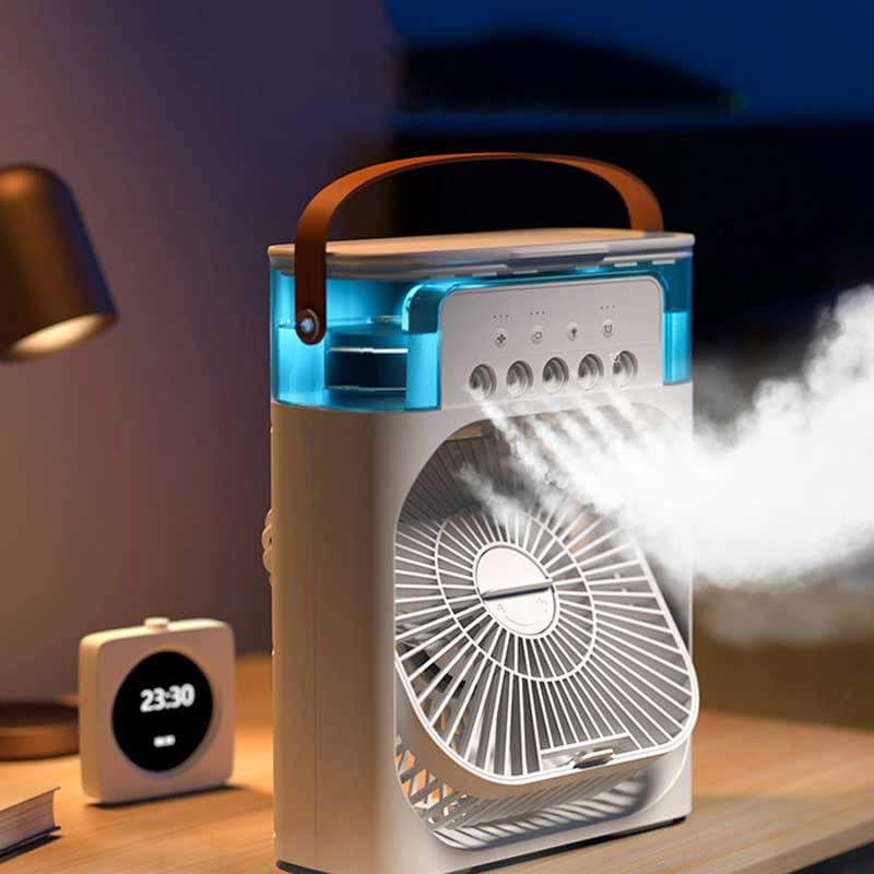 Trending Mini Air Conditioner Fan 3 In 1 | Portable Desk Cooling Fan with Water Spray Humidifier & LED Light | USB Rechargeable Air Cooler for Home & Office