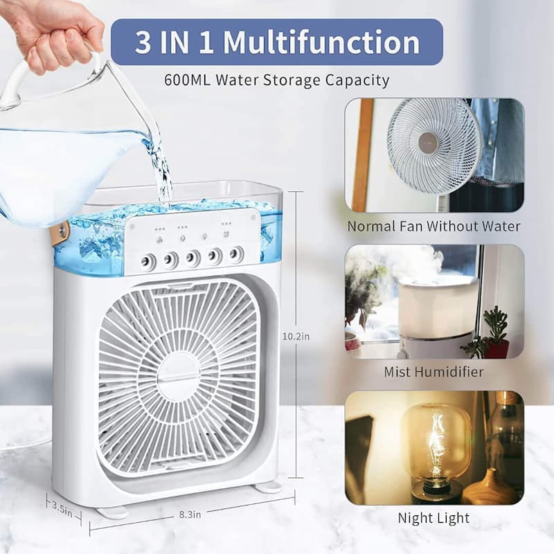 Trending Mini Air Conditioner Fan 3 In 1 | Portable Desk Cooling Fan with Water Spray Humidifier & LED Light | USB Rechargeable Air Cooler for Home & Office