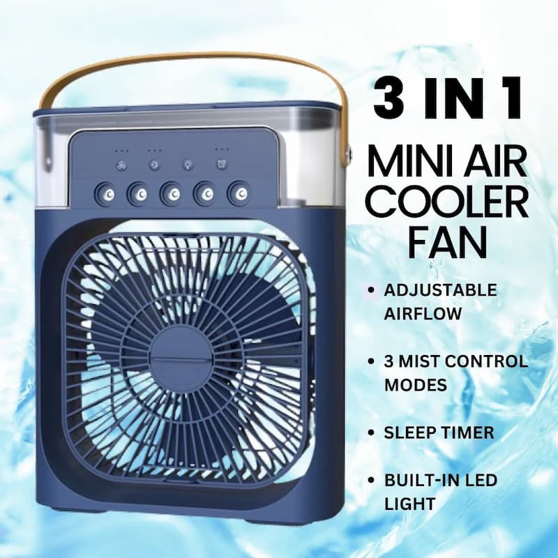Trending Mini Air Conditioner Fan 3 In 1 | Portable Desk Cooling Fan with Water Spray Humidifier & LED Light | USB Rechargeable Air Cooler for Home & Office
