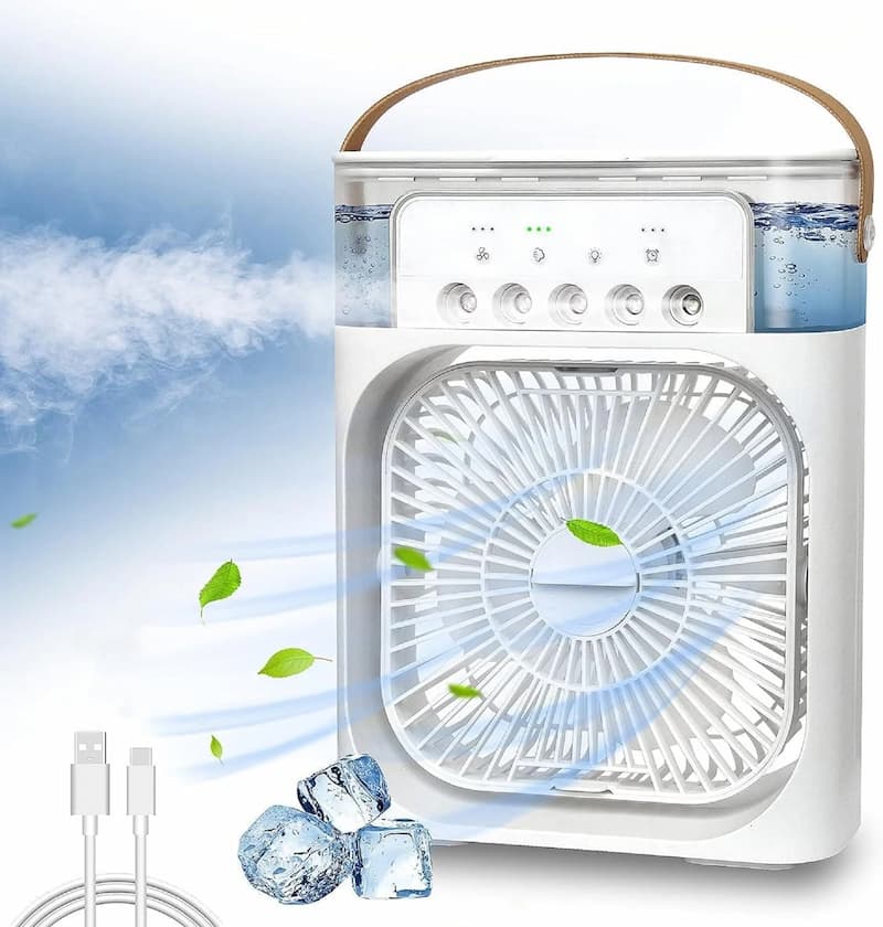 Trending Mini Air Conditioner Fan 3 In 1 | Portable Desk Cooling Fan with Water Spray Humidifier & LED Light | USB Rechargeable Air Cooler for Home & Office