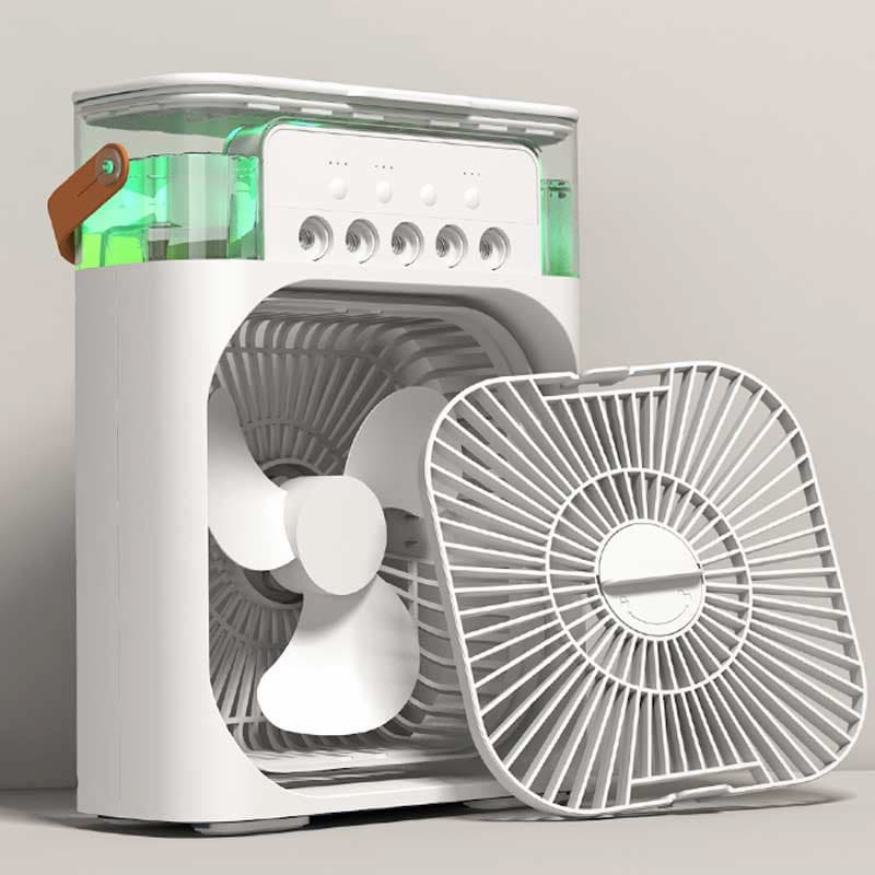 Trending Mini Air Conditioner Fan 3 In 1 | Portable Desk Cooling Fan with Water Spray Humidifier & LED Light | USB Rechargeable Air Cooler for Home & Office
